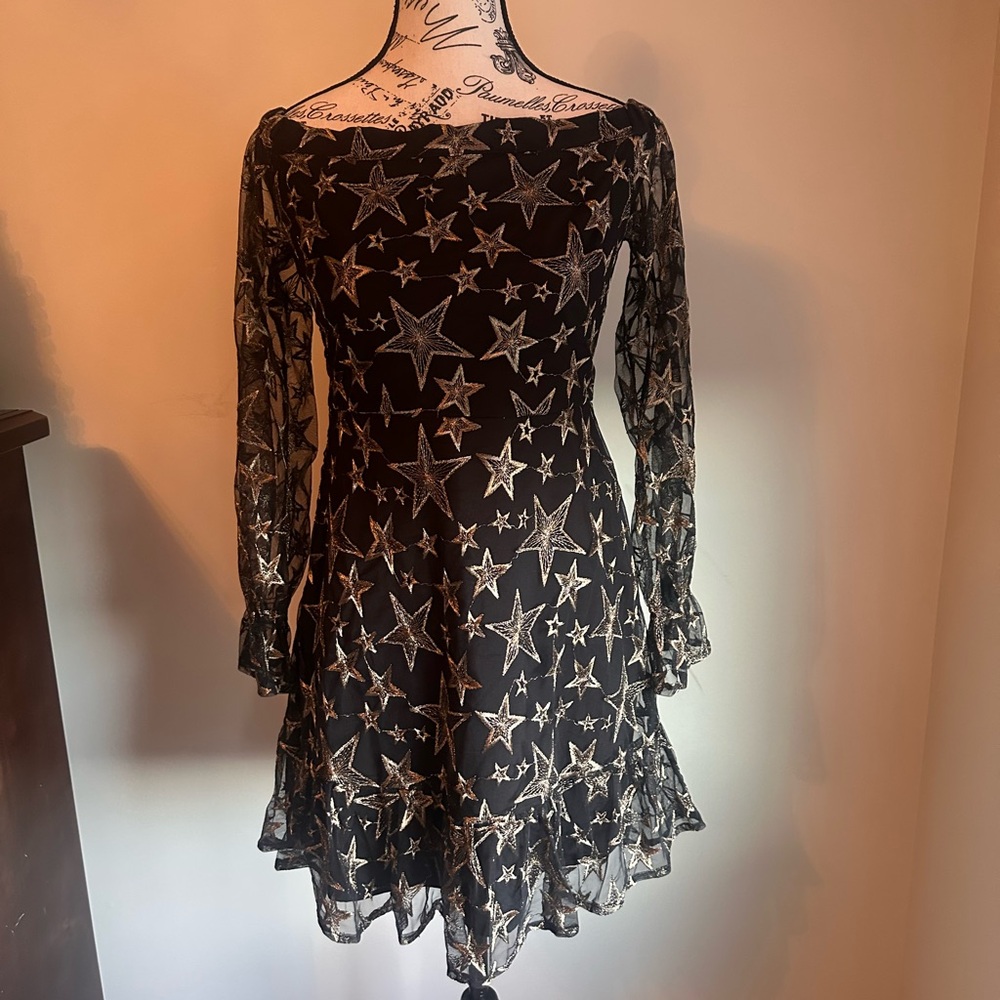 Sam Edleman Off the Shoulder Black with Embroided Gold Stars Dress - Size 4